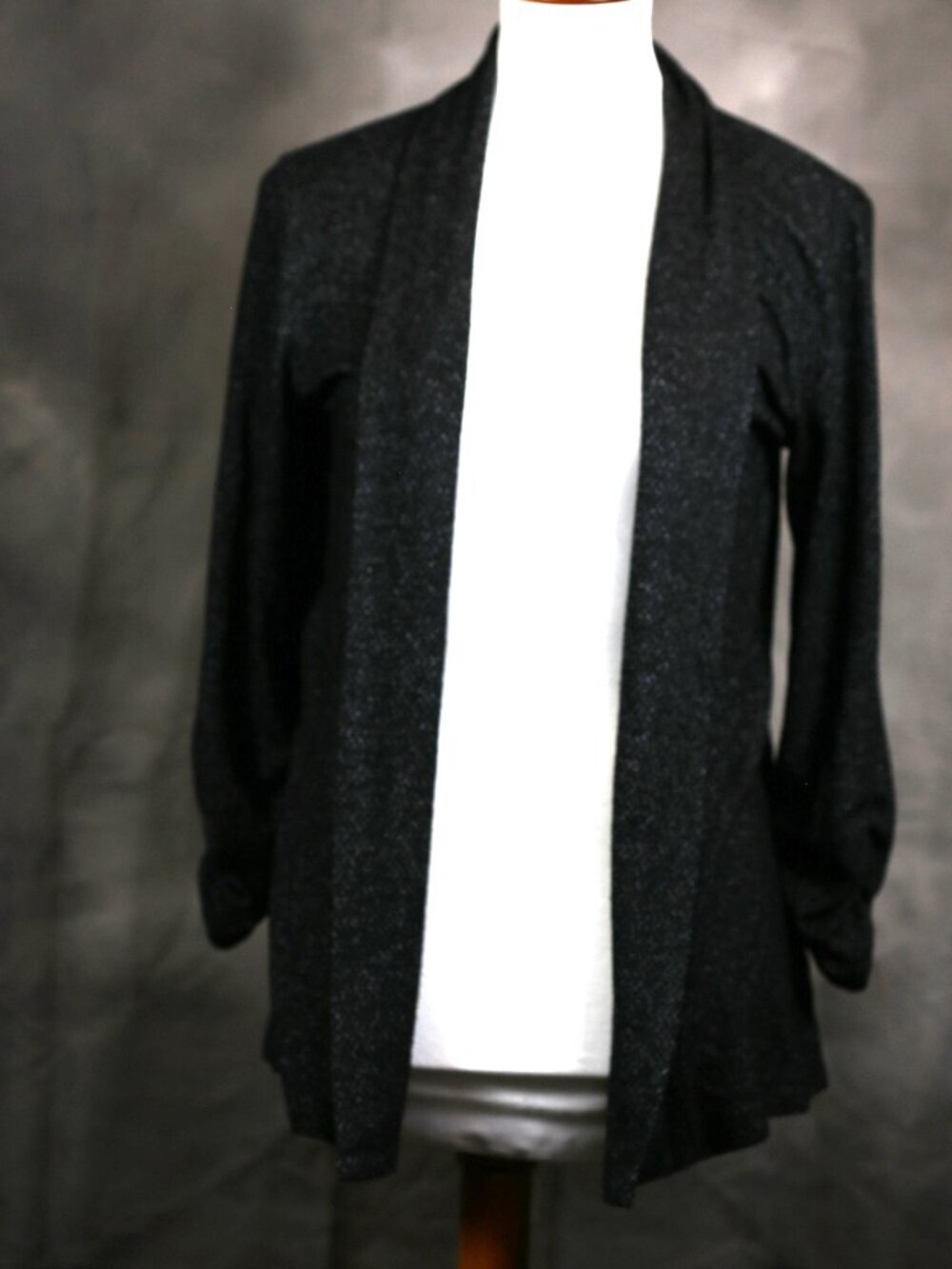 Bobeau Open Front Black and Grey Flecked Knit Cardigan with Ruched Sleeves - S